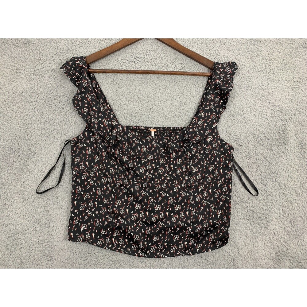 NWT FREE PEOPLE Merile Flutter Detail Ditzy Floral Smock Back Top Black Large